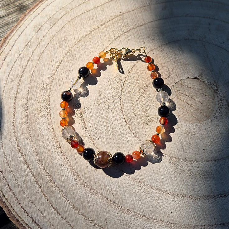 Vesta - Collier Quartz Hématoide, Tourmaline Noire, Cristal de Roche, Cornaline