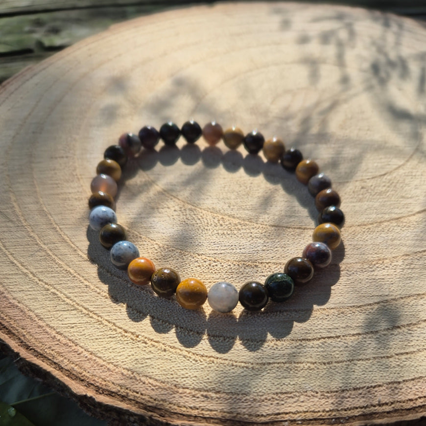 Bracelet en perles de 6 mm en jaspe océan naturel des États-Unis, pierre d’apaisement, de patience et de joie de vivre.