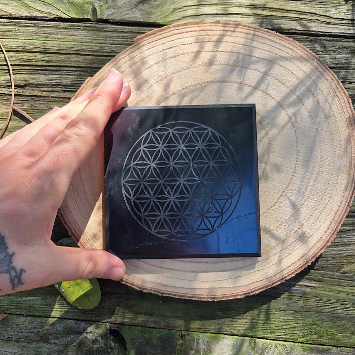 Plaque de protection en shungite de 10 cm gravée du symbole Fleur de Vie, pierre naturelle de purification et de protection énergétique.