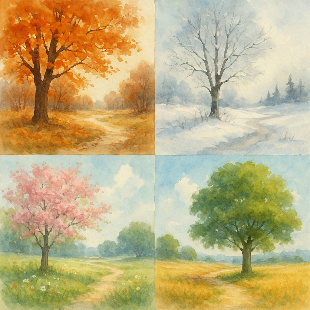 Illustration représentant le cycle des saisons relié aux énergies naturelles, avec la nature changeante du printemps, de l’été, de l’automne et de l’hiver symbolisant les cycles de transformation intérieure.