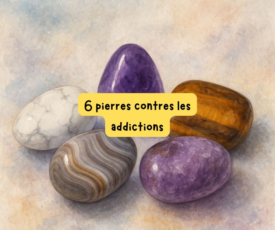 Six pierres de lithothérapie pour accompagner la libération des addictions : améthyste, lépidolite, œil de tigre, labradorite, howlite et agate du Botswana, posées sur un fond naturel apaisant.