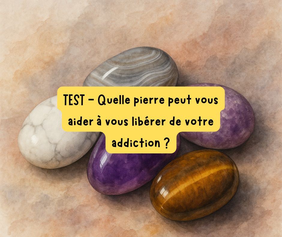 Test lithothérapie : six pierres pour comprendre et apaiser la cause émotionnelle de votre addiction — améthyste, lépidolite, spinelle noire, labradorite, howlite et agate du Botswana.
