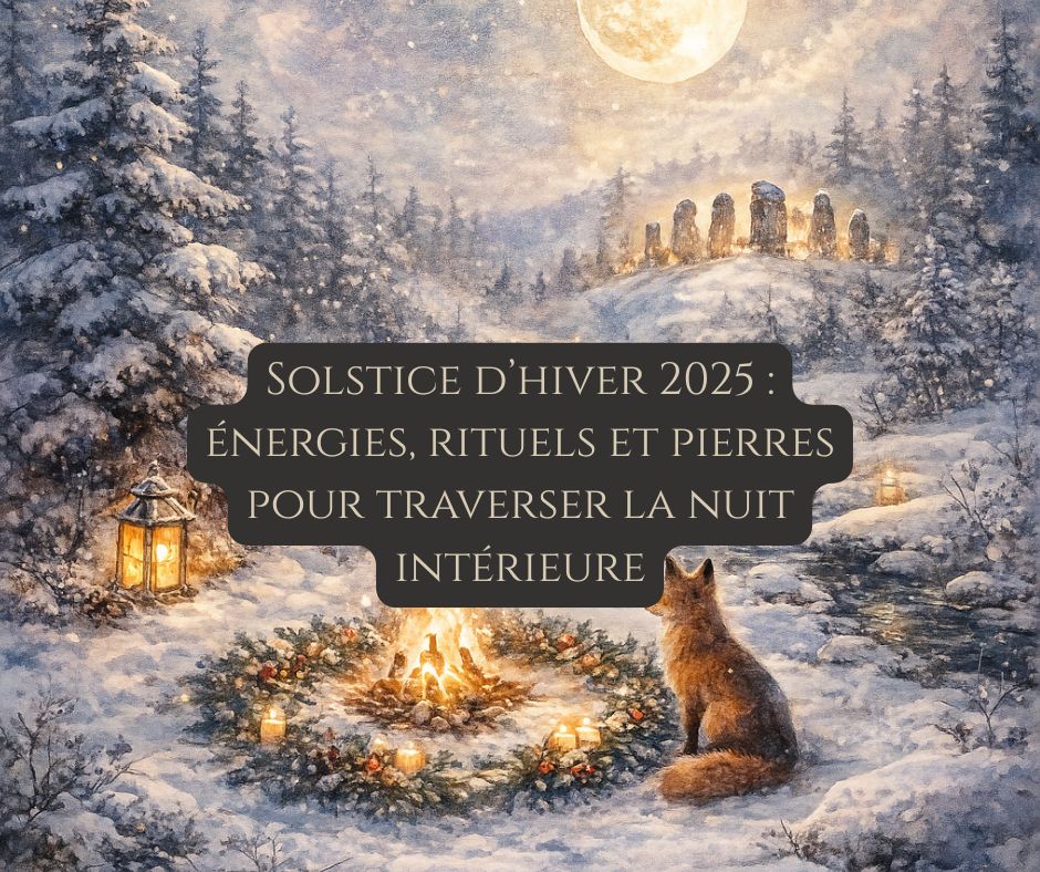 Ambiance spirituelle du solstice d’hiver avec pierres naturelles, symbole d’introspection et de retour progressif de la lumière.