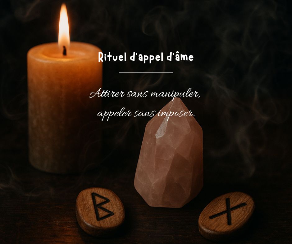 Photo d'un rituel pour attirer la bonne personne. Photo de bougie, quartz rose, rune berkanan et gebo