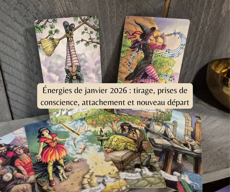 Tirage tarot des énergies de janvier avec le Roi des Épées, le Diable, le Jugement et l’As de Bâton, symbolisant prise de conscience, libération et nouveau départ.