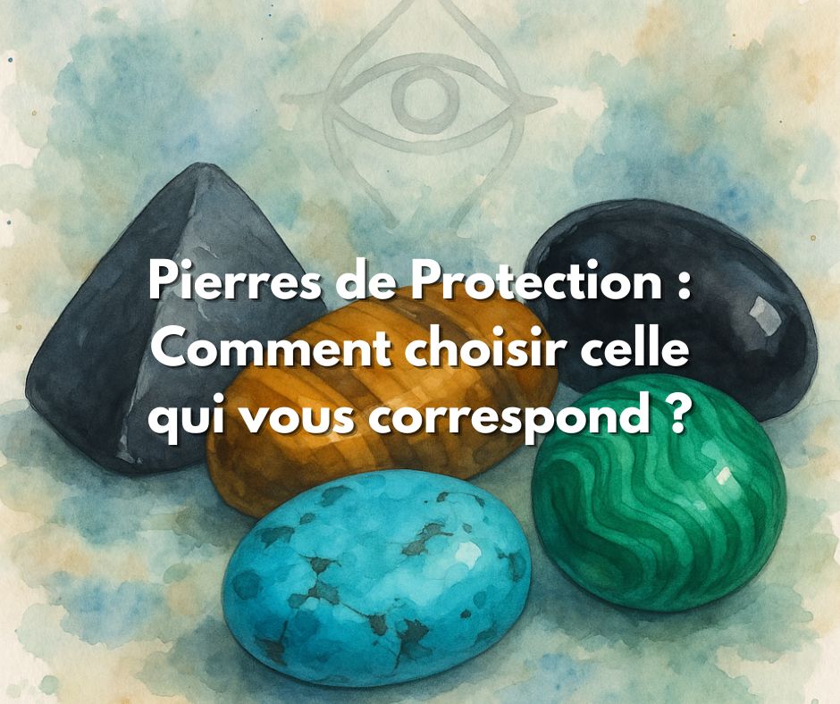 Image présentant différentes pierres de protection naturelles (obsidienne, tourmaline noire, œil de tigre, labradorite) disposées harmonieusement.