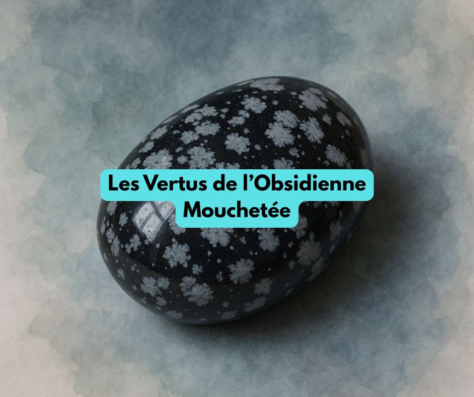 Obsidienne Mouchetée, pierre noire parsemée de flocons gris utilisée en lithothérapie pour l’équilibre, l’apaisement et la stabilité émotionnelle.
