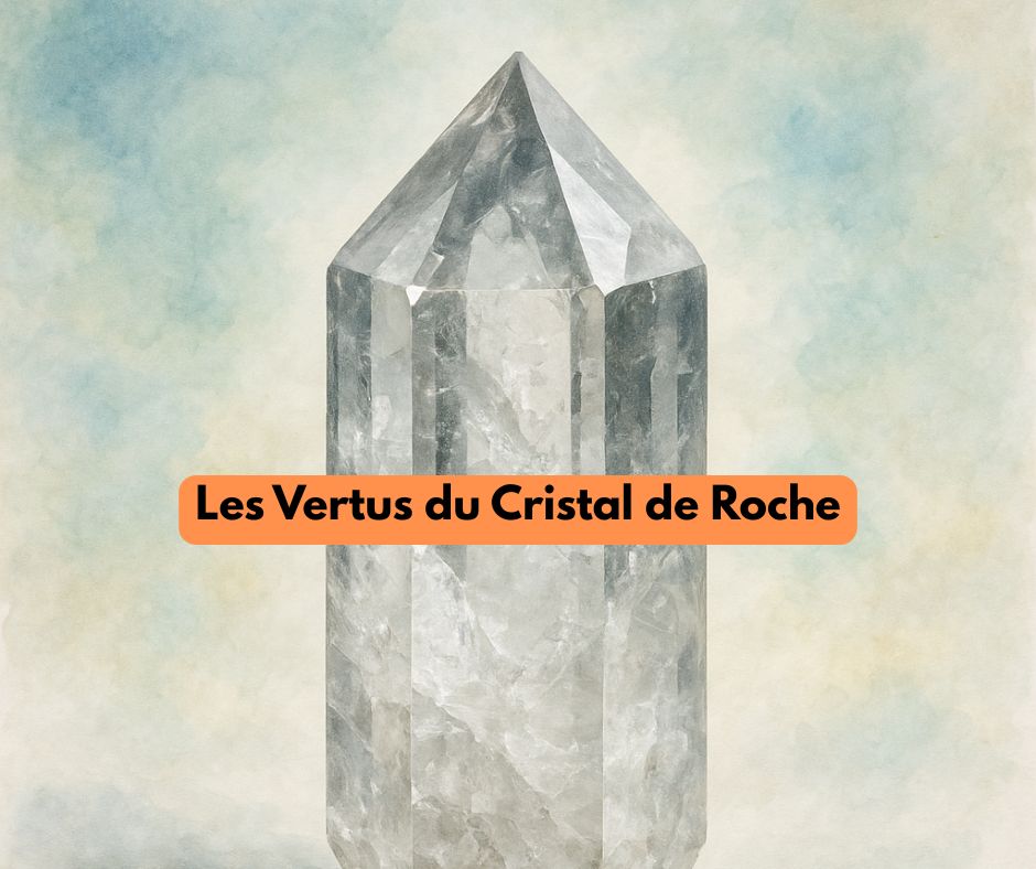 Cristal de roche naturel transparent posé sur une surface claire, symbolisant la pureté, l’amplification énergétique et la clarté spirituelle en lithothérapie.