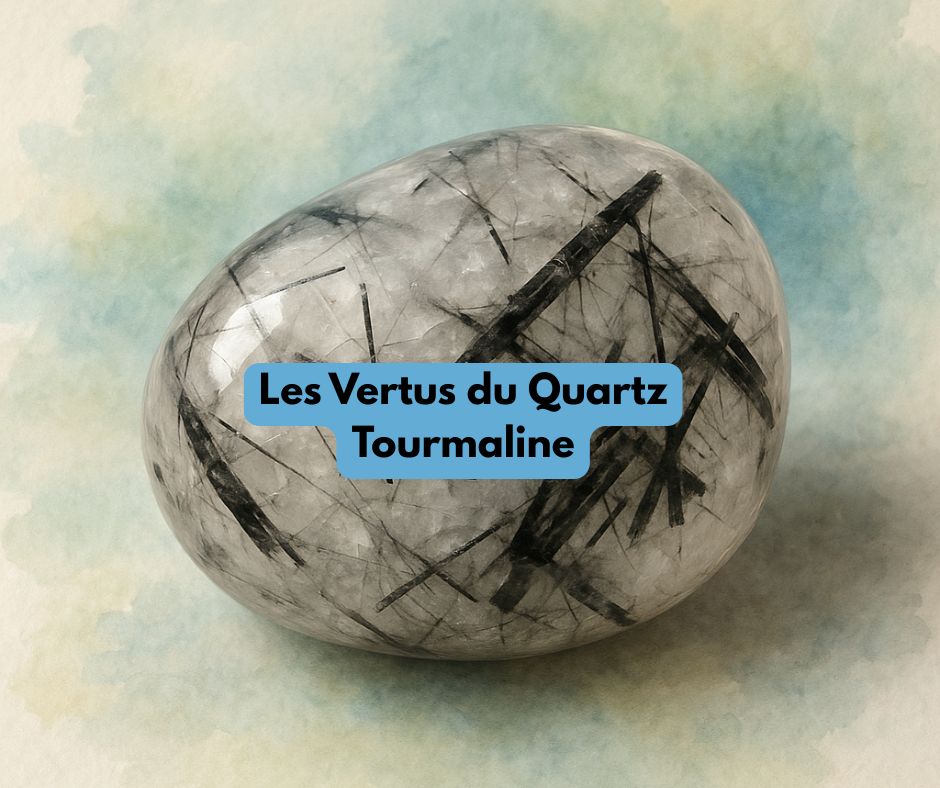 Quartz tourmaline naturel aux inclusions noires de tourmaline, symbole de protection, d’ancrage et de purification énergétique en lithothérapie.