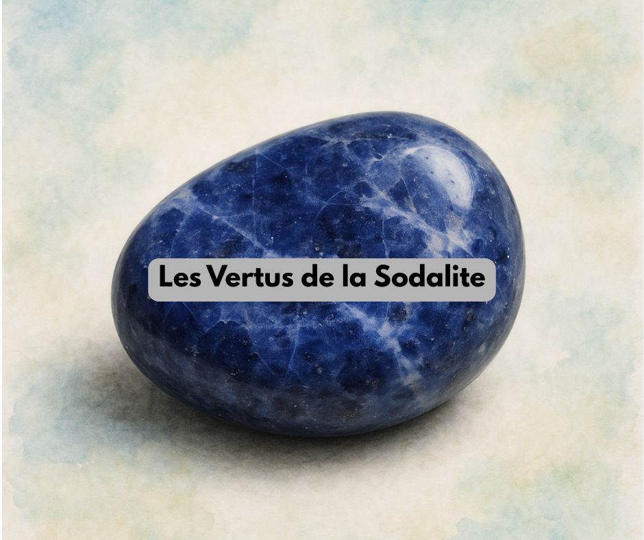 Sodalite, pierre bleue veinée de blanc utilisée en lithothérapie pour la clarté mentale, l’intuition et la communication.