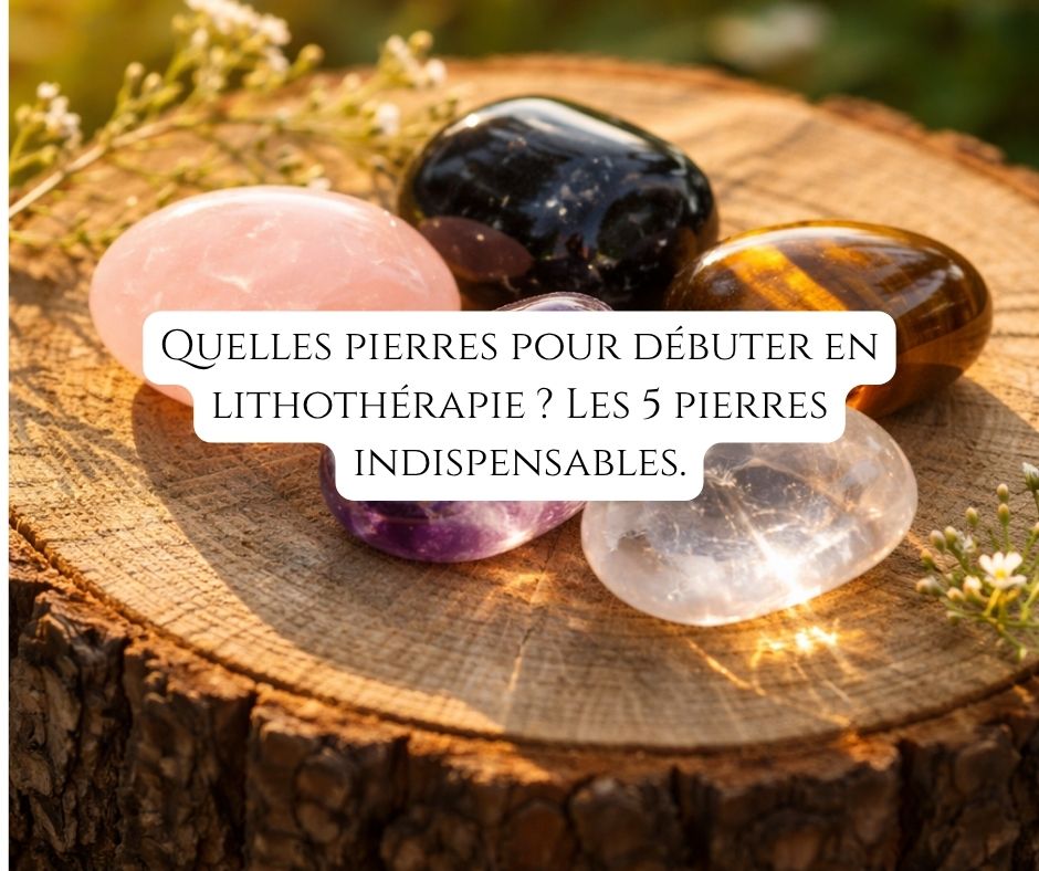 kit de pierres pour débuter en lithothérapie avec quartz rose, améthyste, œil de tigre, tourmaline noire et cristal de roche