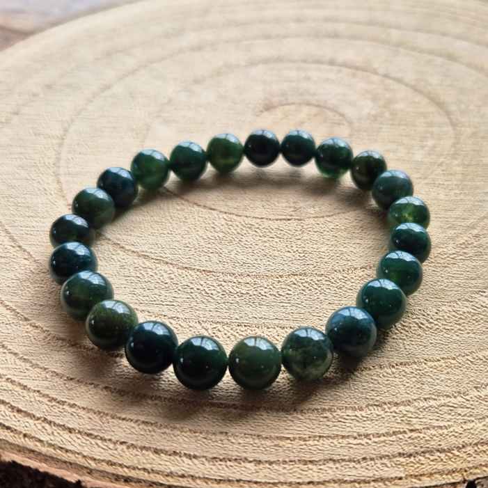 Bracelet en agate mousse naturelle perles 8 mm, bracelet utilisé en lithothérapie pour l’ancrage et l’harmonie intérieure.