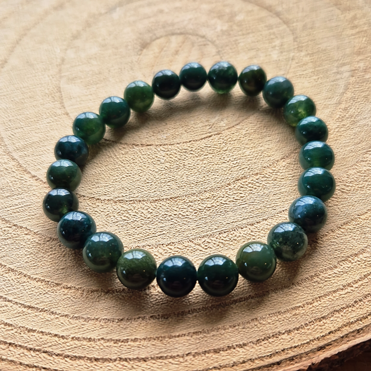 Bracelet en agate mousse naturelle perles 8 mm, bracelet utilisé en lithothérapie pour l’ancrage et l’harmonie intérieure.