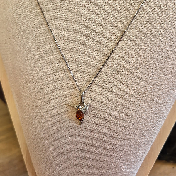 Collier Colobri en Ambre - Bijou Argent 925 Rhodié