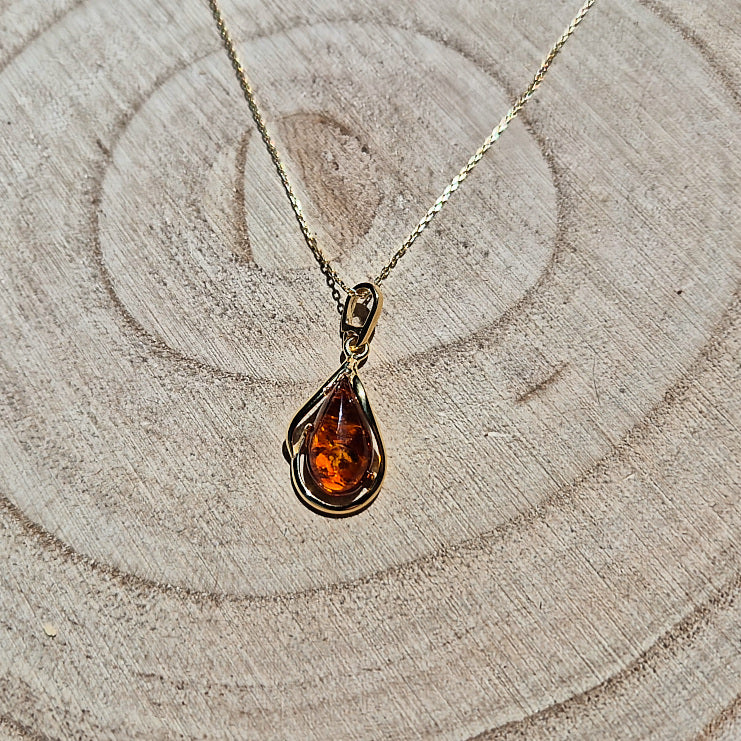Collier en Argent 925 doré et Ambre Cognac