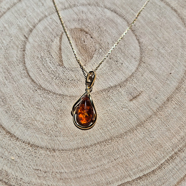 Collier en Argent 925 doré et Ambre Cognac