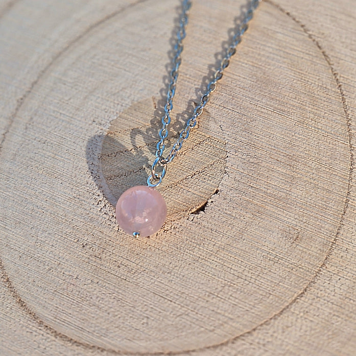 Collier Création Quartz Rose Perle 10mm Chaine Couleur Argent