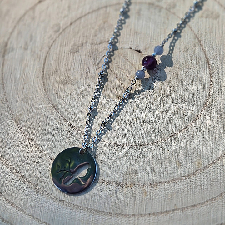 Guanyin - Collier Fluorite et Aventurine bleue Pendentif Oiseau