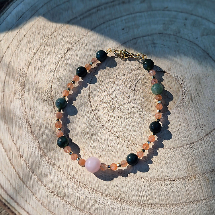 Amaterasu - Bracelet Quartz rose, Pierre de Soleil et Agate mousse