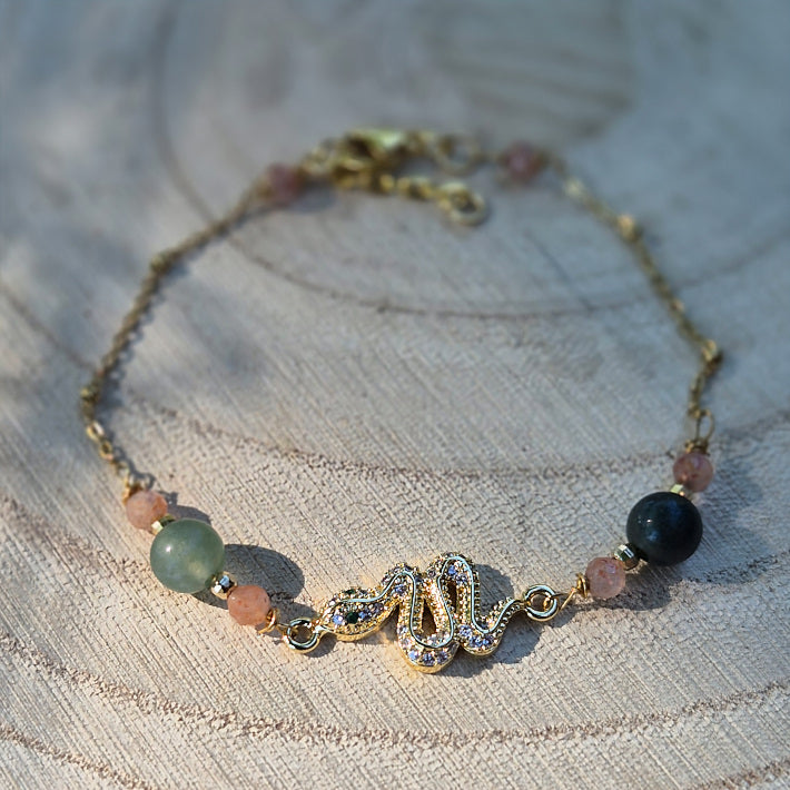 Amaterasu - Bracelet en Pierre de Soleil et Agate Mousse Serpent