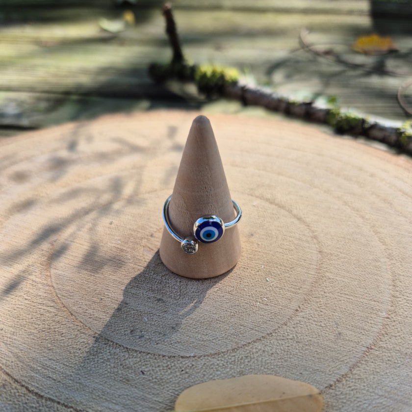 Bague réglable en argent 925 avec Œil de Nazar bleu, bijou protecteur contre le mauvais œil.