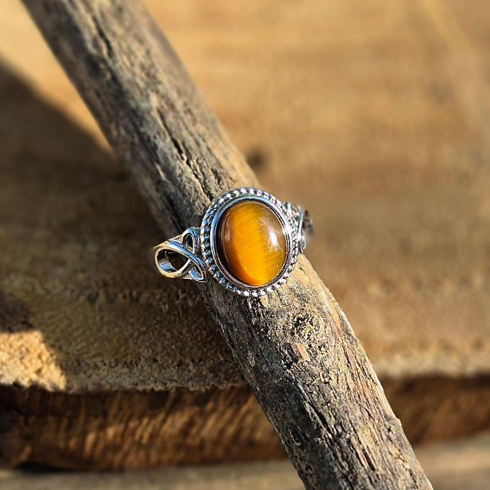 Bague Réglable en Laiton Rhodié et Oeil de Tigre