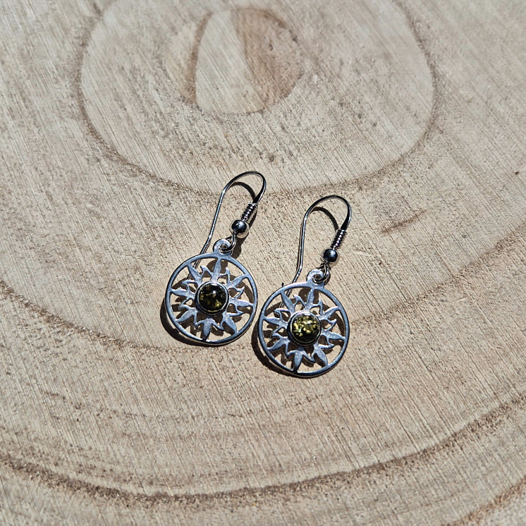 Boucle d'oreille Soleil en Argent 925 et Ambre Vert naturel