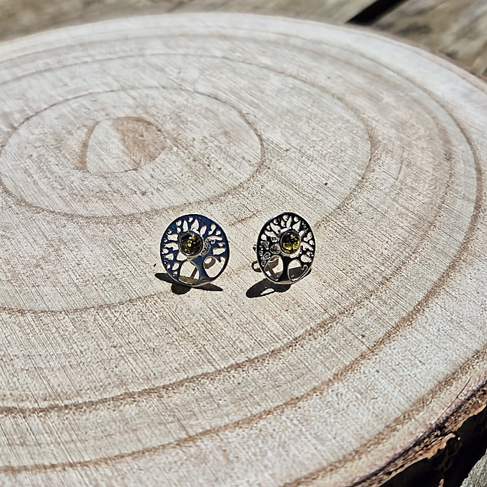 Boucle d'oreille Arbre de vie en Argent 925 et Ambre Vert naturel