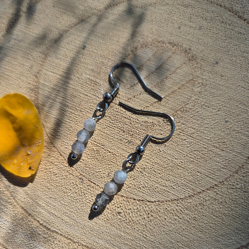 Boucles d’oreilles en acier inoxydable ornées de labradorite naturelle, pierre de protection et d’intuition.