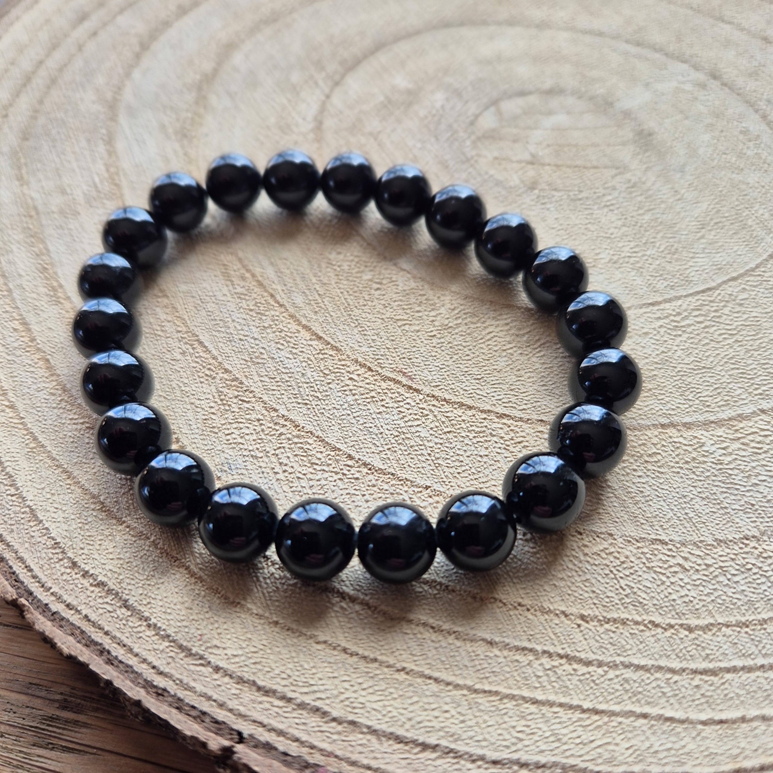 Bracelet en tourmaline noire naturelle avec perles de 8 mm montées sur élastique, pierre de protection et d’ancrage