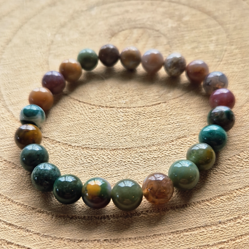 Bracelet en agate indienne naturelle perles 8 mm, bracelet utilisé en lithothérapie pour l’équilibre et l’ancrage.
