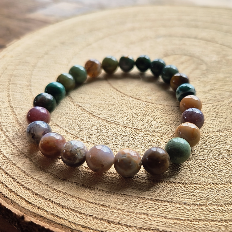 Bracelet en agate indienne naturelle perles 8 mm, bracelet utilisé en lithothérapie pour l’équilibre et l’ancrage.