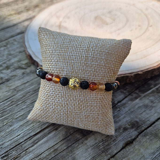 Bracelet Energie & Ancrage, Cornaline, Pierre de lave et Pyrite 6mm