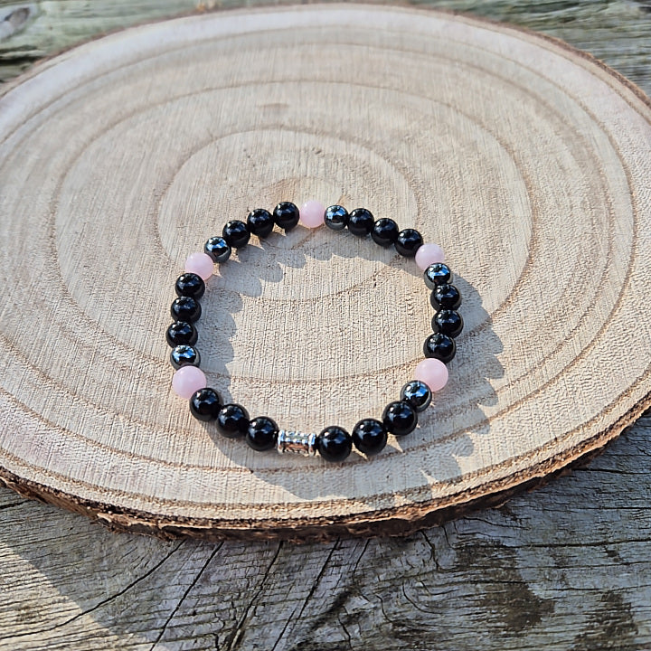 Bracelet Intropsection Obsidienne Noire, Quartz Rose, Hématite 6mm