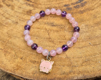 bracelet enfant en quartz rose et améthyste petit chat