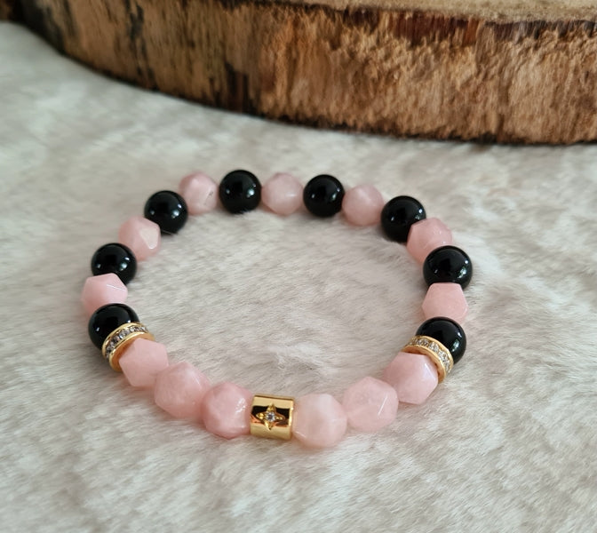 bracelet en morganite et obsidienne noire