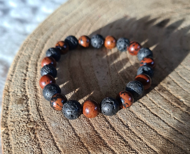 Bracelet création en obsidienne acajou et pierre de lave
