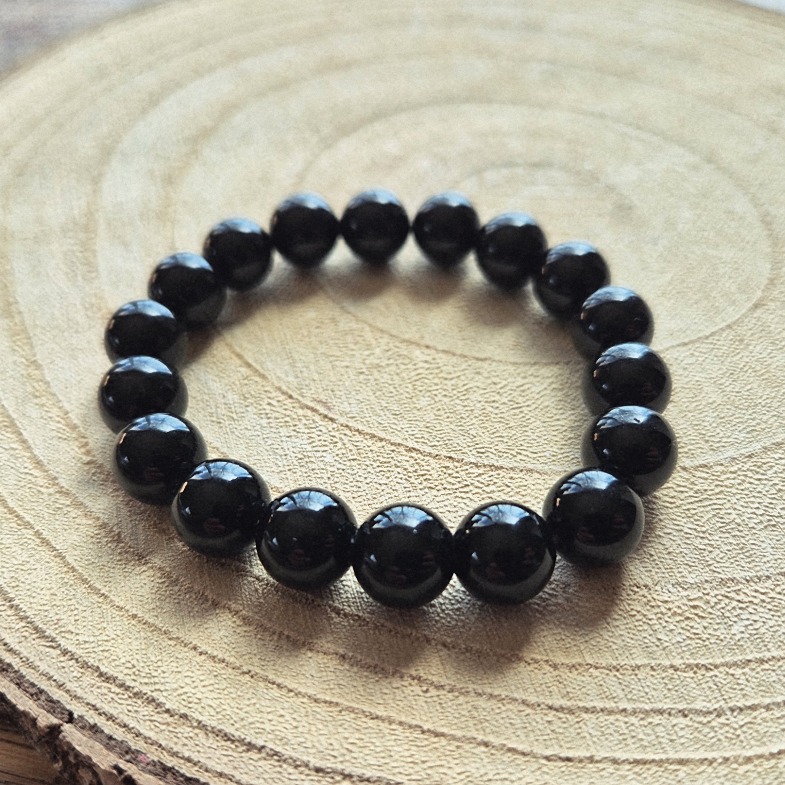Bracelet en obsidienne noire naturelle avec perles de 10 mm montées sur élastique
