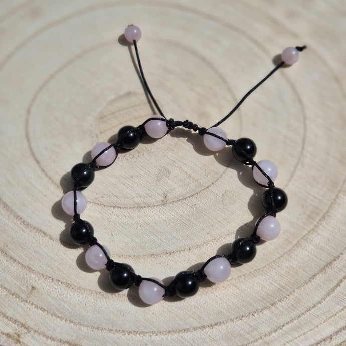 Bracelet Travail sur soi - Obsidienne Noire et Quartz Rose 8mm Macramé