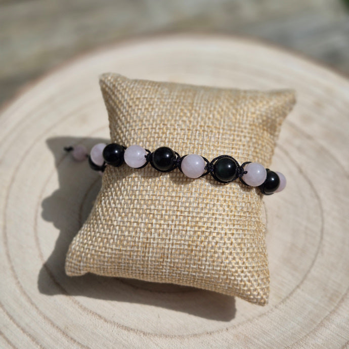 Bracelet Travail sur soi - Obsidienne Noire et Quartz Rose 8mm Macramé