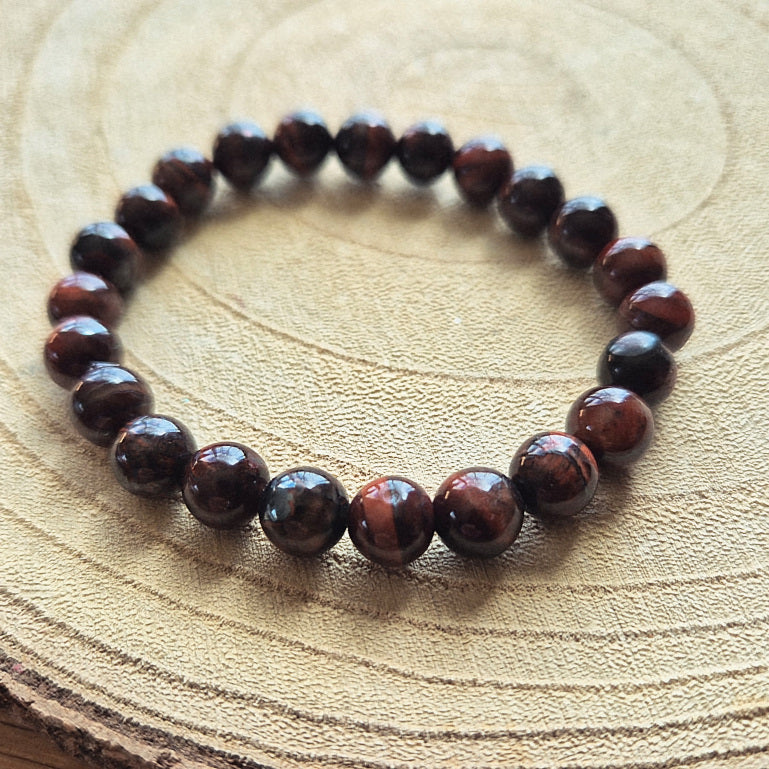 Bracelet en œil de taureau naturel avec perles de 8 mm aux reflets brun rouge montées sur élastique