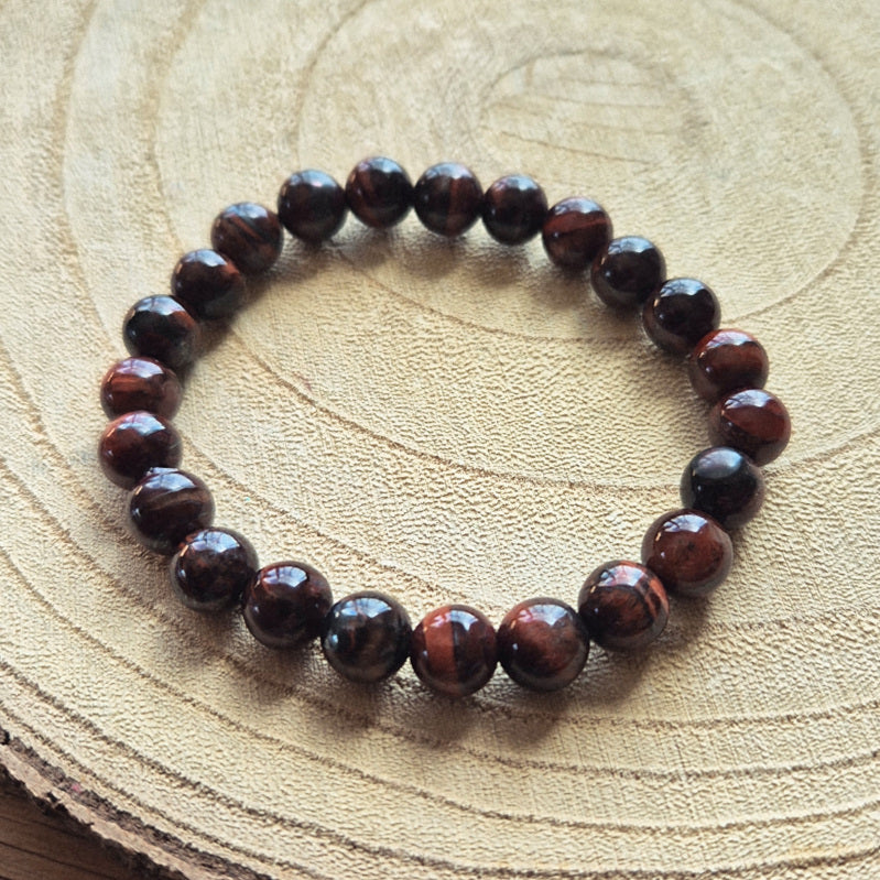 Bracelet en œil de taureau naturel avec perles de 8 mm aux reflets brun rouge montées sur élastique