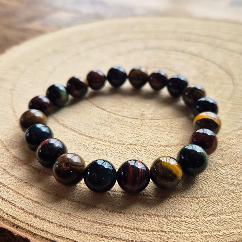 Bracelet en œil de tigre, œil de taureau et œil de faucon perles 10 mm, bracelet de protection et de confiance en soi.