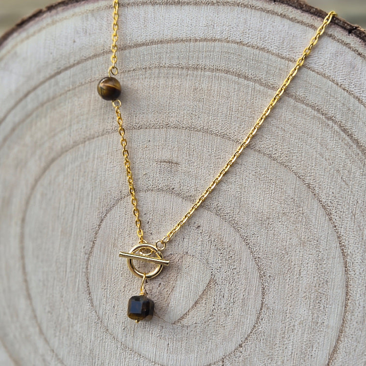 Intensité - Collier en Oeil de Tigre Perle Carré Fermoir en T