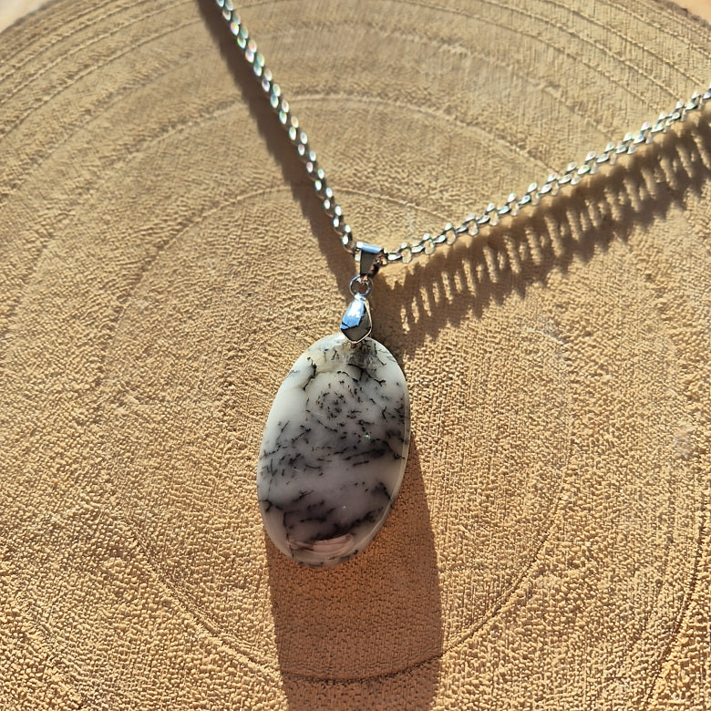 Collier avec pendentif en merlinite (opale dendritique) noir et blanc sur chaîne.