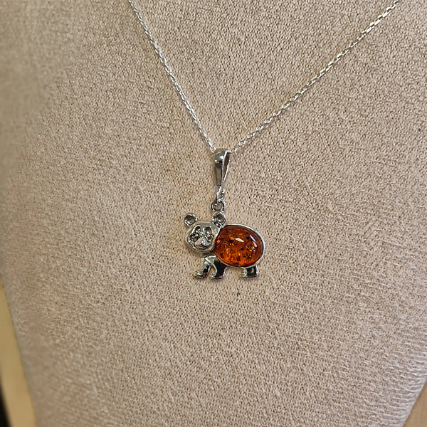 Collier Panda en Ambre - Bijou Argent 925 Rhodié