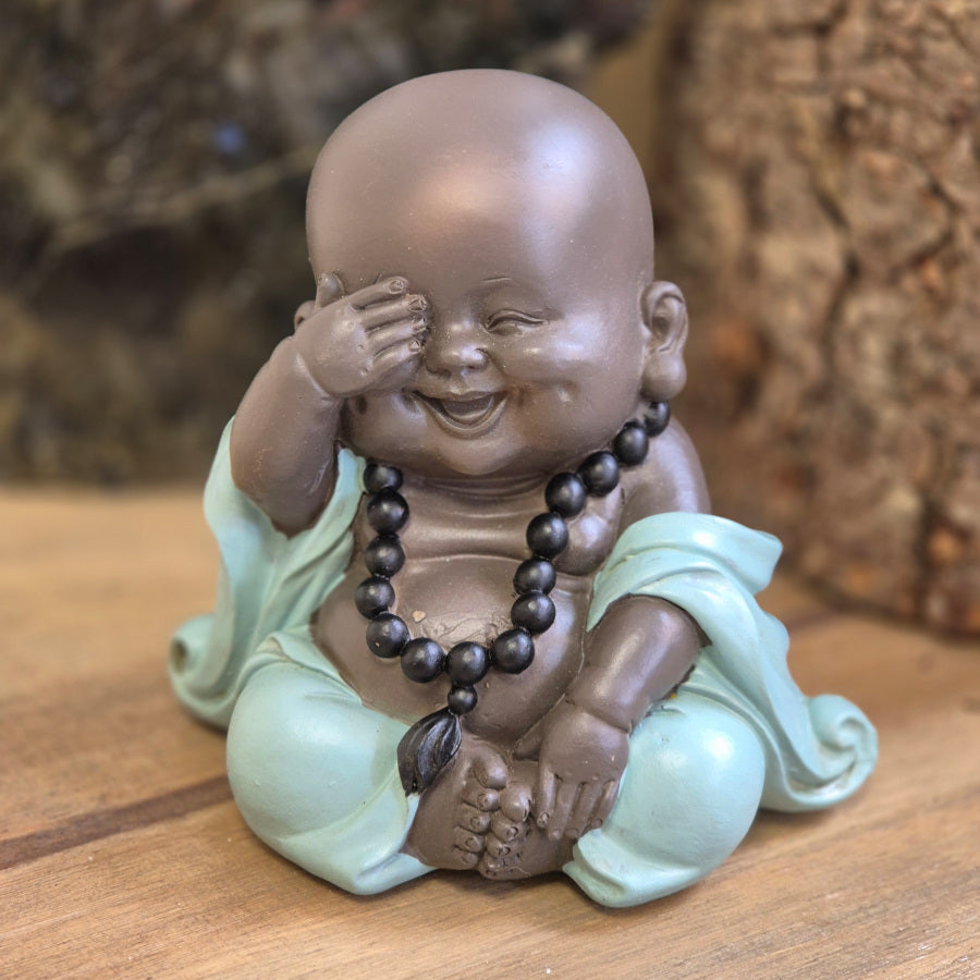 figurine bouddha de la sagesse rieur, 13cm je ne vois pas le mal