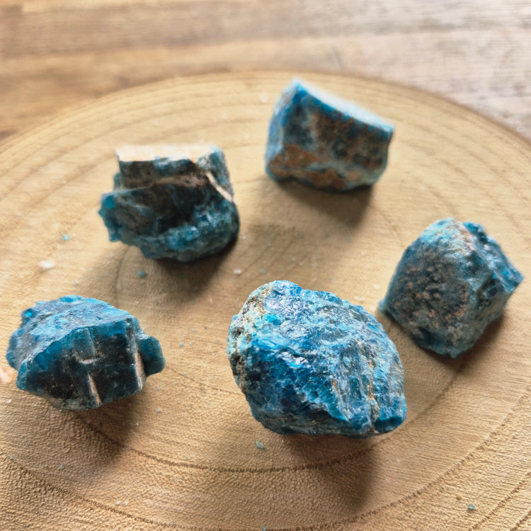 Pierre brute d’apatite bleue naturelle, environ 3 cm, aux reflets bleus profonds. Pierre de communication, de clarté mentale et de motivation personnelle.