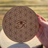 Plaque Fleur de Vie en Bois et Oeil d'Horus 15cm