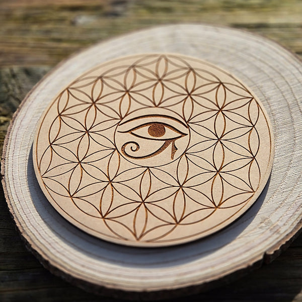 Plaque Fleur de Vie en Bois et Oeil d'Horus 15cm